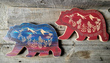 Handcrafted, CNC-carved bear-shaped hard maple cribbage board, artisan-made in Montana, Mountain wildflower scene