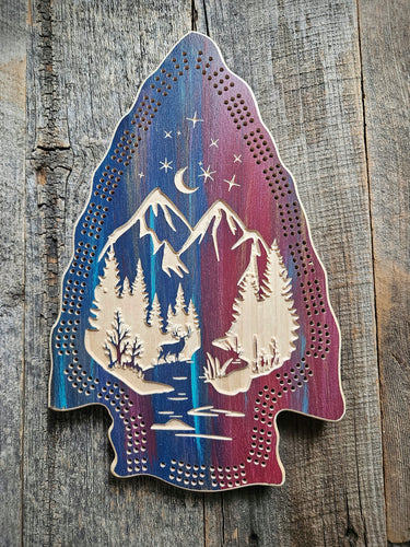 Arrowhead cribbage board- Moonlight Mountain Scene