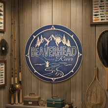 Navy blue Wooden Circle sign Beaverhead River Montana, Knotty Pine Woodworks, Made in Montana, Fishing Cabin decor