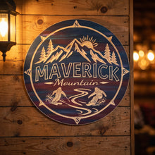Carved wood ski mountain sign with skier and snowboarder, Maverick Mountain