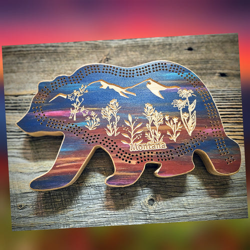 Knotty Pine Woodworks- Hard Maple, Bear Shaped Cribbage board, Sunset colors, Wildflower mountain scene, cnc carved, with peg storage.