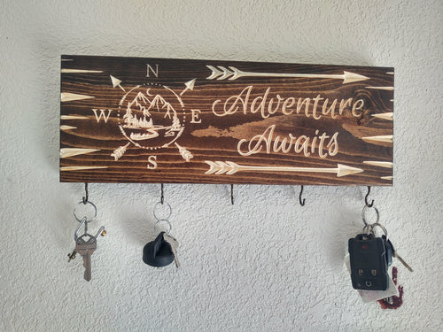 Adventure Awaits wooden carved key hook sign Made in MT, knotty pine woodworks
