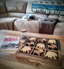 Solid wood tic tac toe board 15" square x 1.5" deep, Bear and Moose shapes for board pieces, Made in Montana, Animal shaped tic tac toe boards, cabin games
