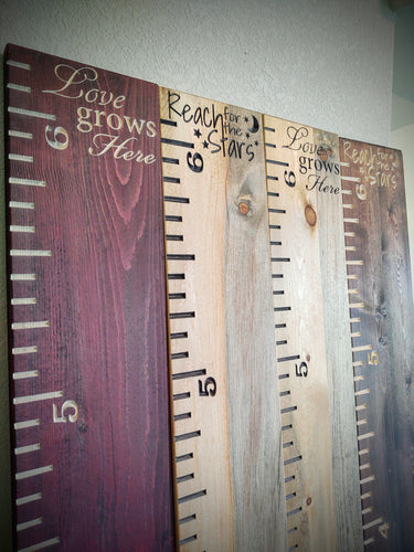 Growth chart, carved details, Love Grows here, Reach for the Stars, Loved Beyond Measure, Knotty Pine Woodworks