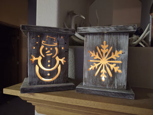 Wood winter lanterns, snowman lantern, snowflake lantern, Knotty Pine Woodworks