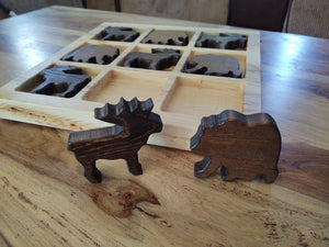 Solid wood tic tac toe board 15" square x 1.5" deep, Bear and Moose shapes for board pieces, Made in Montana