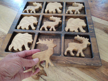 Solid wood tic tac toe board 15" square x 1.5" deep, Bear and elk shapes for board pieces, Made in Montana, Animal shaped tic tac toe boards, cabin games