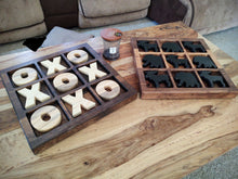 Solid wood tic tac toe board 15" square x 1.5" deep, Bear and Moose shapes for board pieces, Made in Montana, Animal shaped tic tac toe boards, cabin games