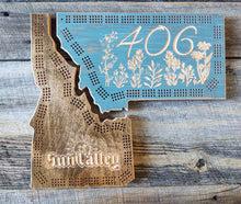 Montana shaped cribbage board, 406 Wildflowers, Idaho Shaped cribbage board, Sun Valley, ID games, Knotty Pine Woodworks Made in Montana 