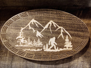 Sasquatch Cribbage board Knotty Pine Woodworks, hide and see champion cribbage