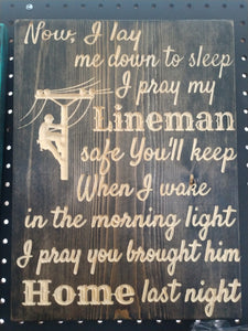 Knotty Pine Woodworks- Lineman Prayer carved wood sign