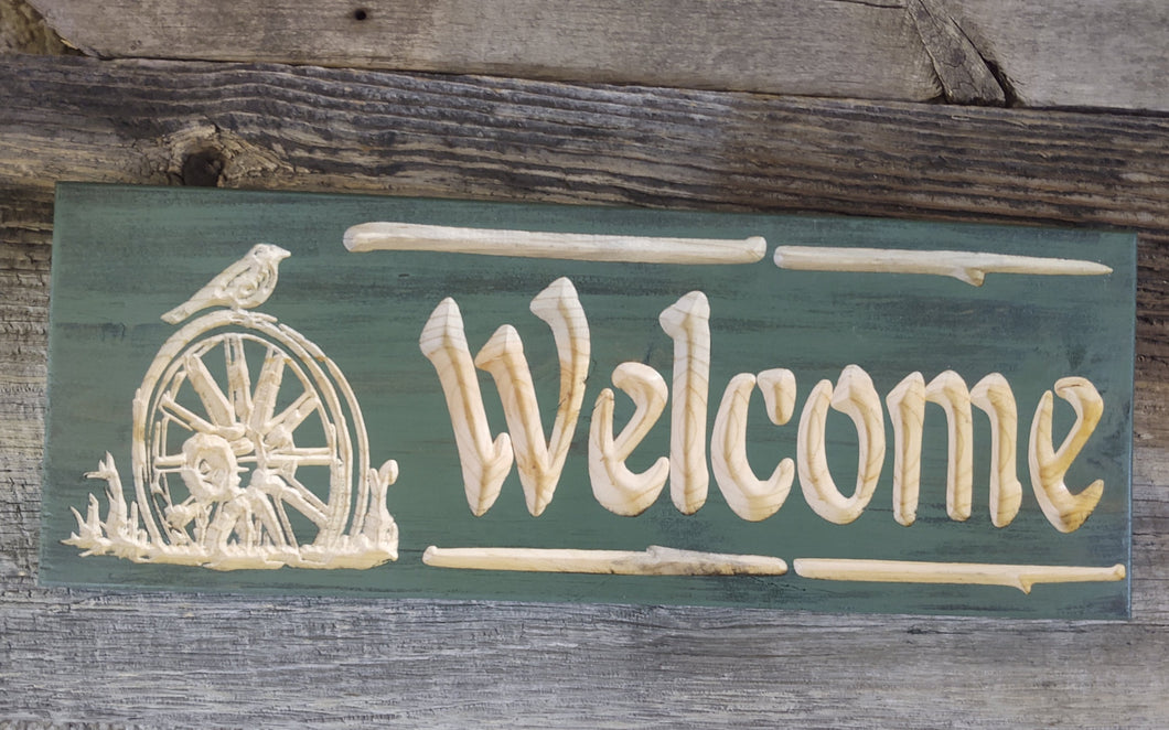 Welcome Wagon Wheel carved wood sign, Made in MT Knotty Pine Woodworks