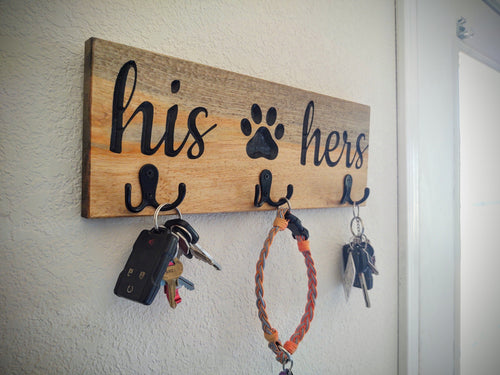 His, Paw, Hers key hooks and leash hook sign. Made in MT knotty pine woodworks